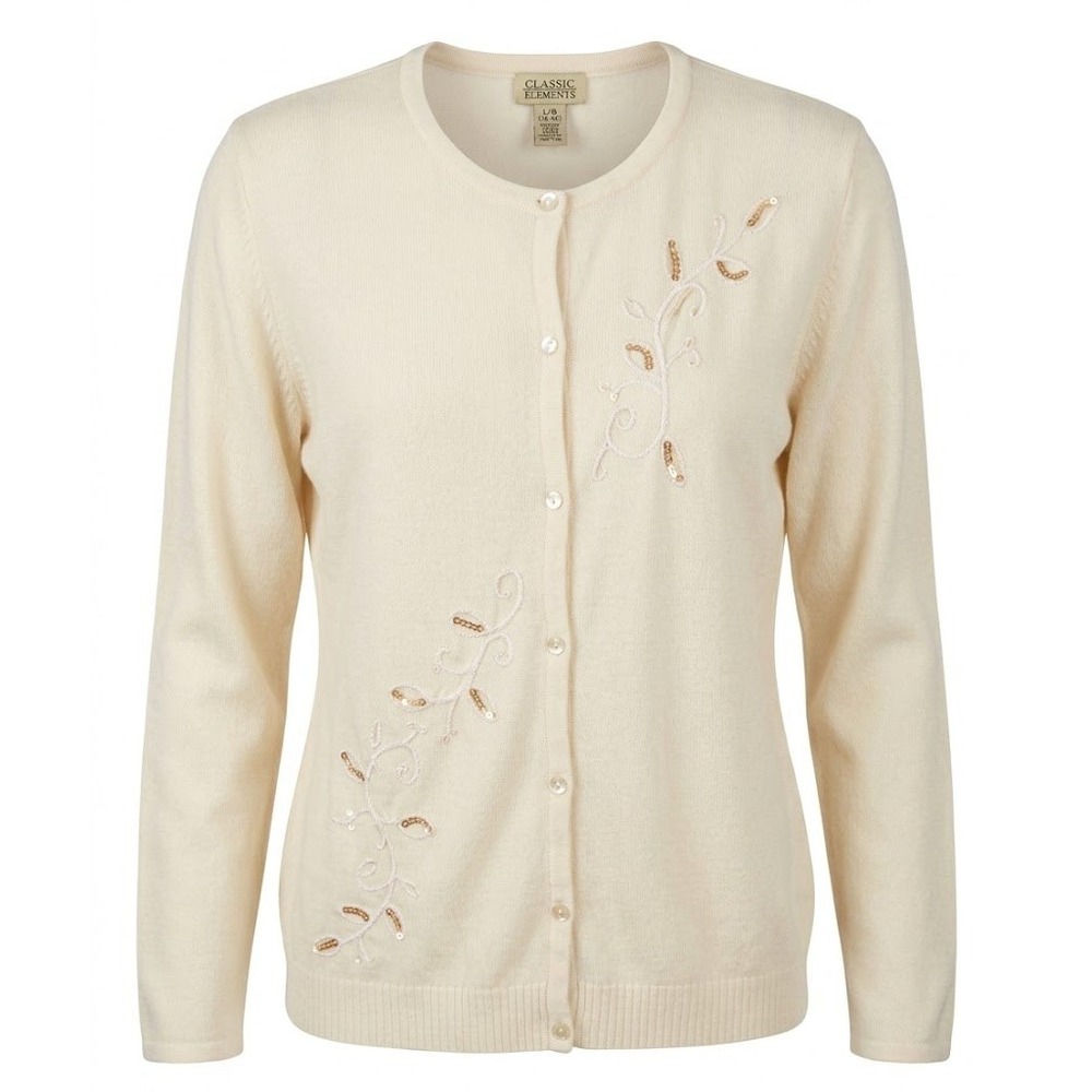 Vintage 90s Classic Elements Grandmacore Ivory Cardigan Sequin Embellished Large